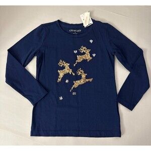 Crewcuts Sequin Reindeer Navy Long Sleeve Shirt Girls Size Small 6/7 NWT